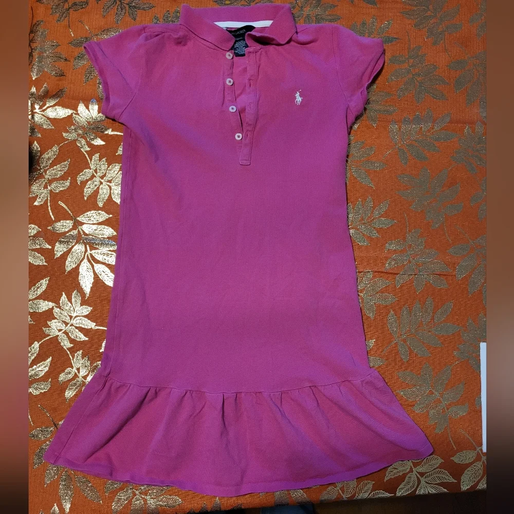 Ralph Lauren Pretty Pink Cotton Preppy Ruffled Polo Dress Size Large Girls